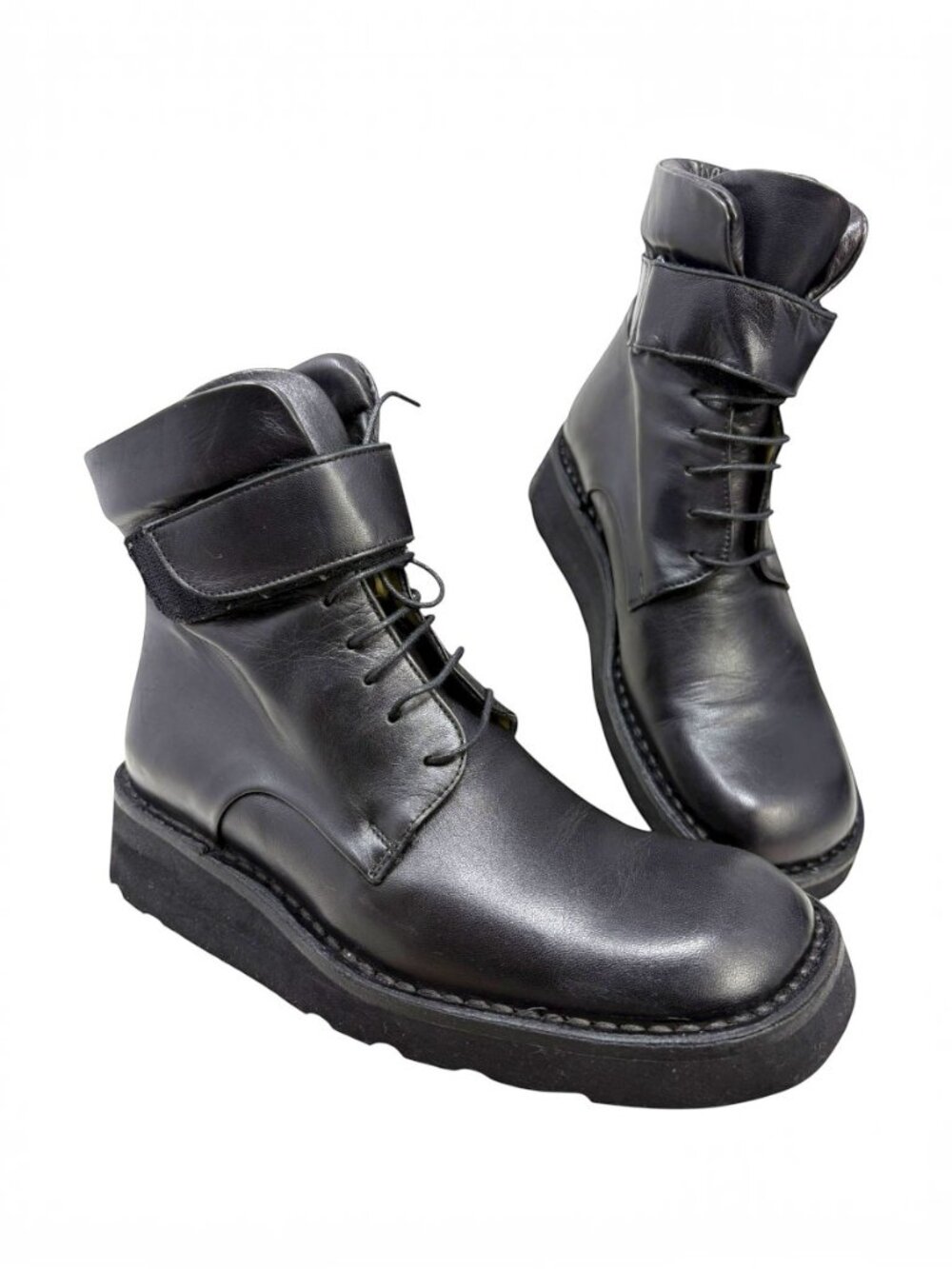 Alter Ego Black Calves Leather‎ Wedge Combat Boots